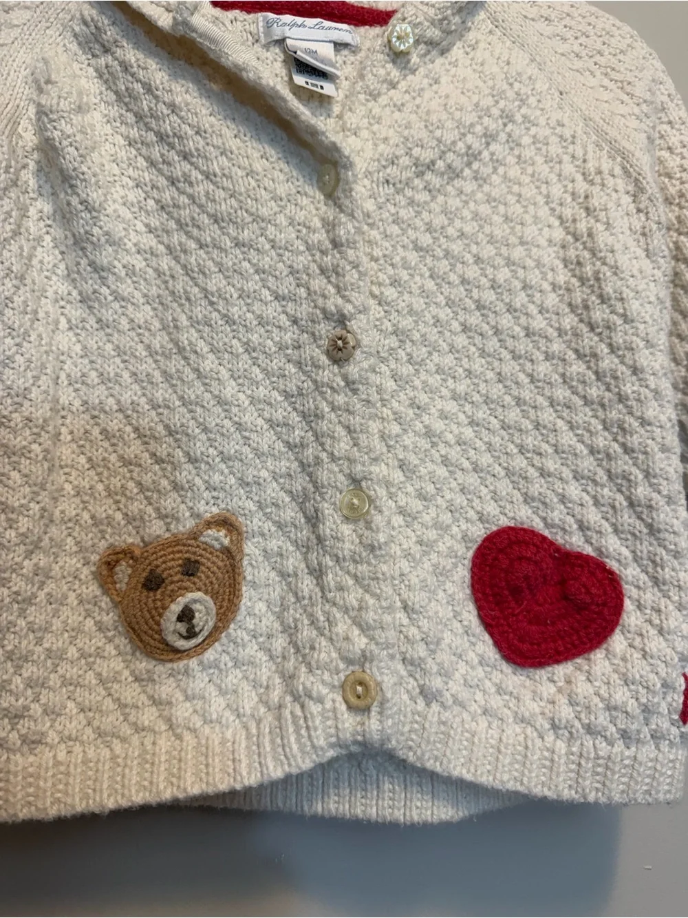 Ralph Lauren Cream Hooded Knit Cardigan with Red Heart & Bear Patch